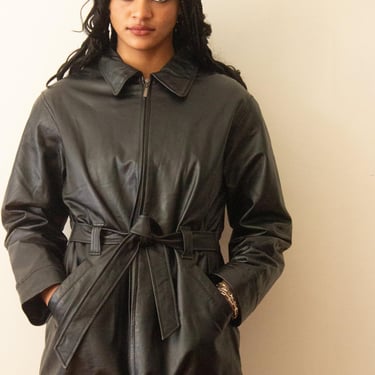 1990s Black Leather Belted Jacket 