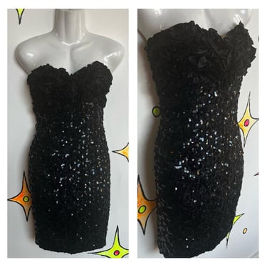 Vintage 80s | Jessica McClintock Gunne Sax Black Sequin Party Dress | Size Small 