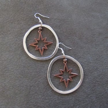 Hammered silver and copper mixed metal hoop earrings, 