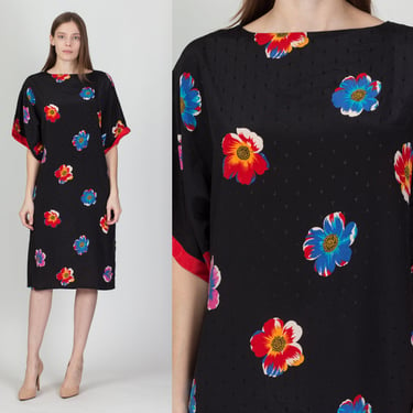 80s Black Floral Kaftan - Medium | Vintage Boho Loungewear Midi Dress 