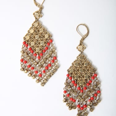 Gold and Red Bead Chandelier Earrings Costume Jewelry 