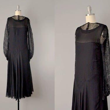 20s Dress // 1920s Black Silk Lace and Chiffon Flapper Dress / Size Small - Extra Small 
