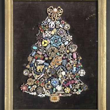 Mid Century Mixed Media Art Work Collage Jewled Christmas Tree 