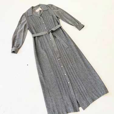 1970s Belted Metallic Silver Gown with Rhinestone Buttons 