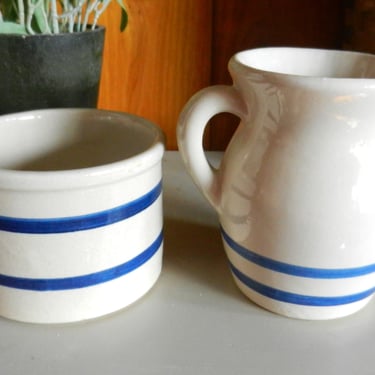 3 Robinson Ransbottom Blue Bands Pottery ~ Roseville Ohio USA, Stoneware Bowl Set~ Farmhouse Crockware~#303 Small Pitcher, Crock & Dip Bowl 