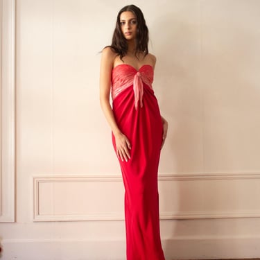 1970s Henri Bendel Silk Crepe and Chiffon Strapless Gown 