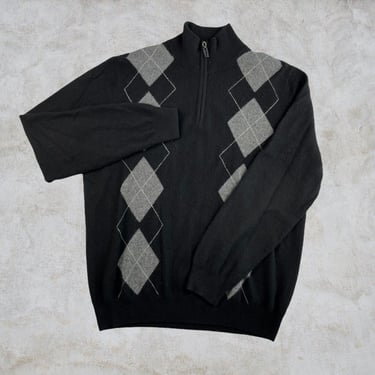 Daniel Bishop 100% Cashmere Soft Black Argyle Quarter Zip Sweater Pullover Men L 