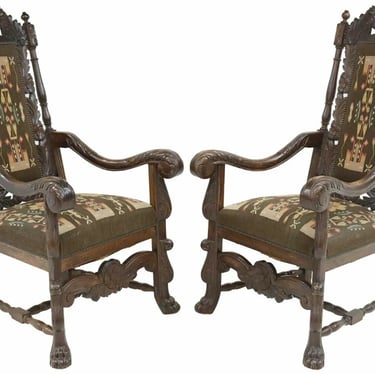 Antique Armchairs, HIghback, (2) Continental Carved Oak, Crest, Paw Feet, 1800s!