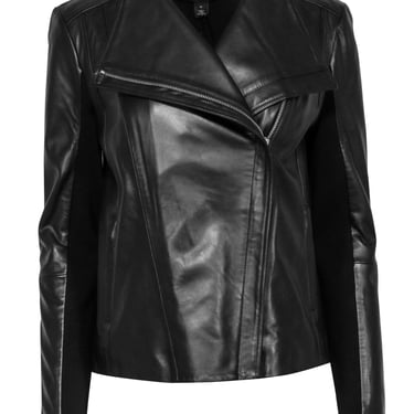 Halogen - Black Leather Moto Jacket w/ Rib Knit Sleeves Sz M