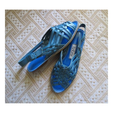 Vintage Woven Leather Huarache Sandals Blue Braided Slingback Flats Size 6.5 