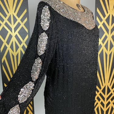 1980s formal, vintage 80s Oleg Cassini, sequin blouse, beaded mini dress, x large, black and silver, cocktail, holiday, bust 40, New Years 