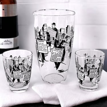 Libbey MCM Cocktail Barware Set – Vintage Shaker & 2 Glasses with Black and White Graphics, Retro 1960s Home Bar Decor 