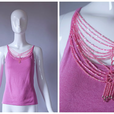 Vintage Y2K Pink Knit Sleeveless Top with Glass Beaded Neckline | retro 90s 1990s 2000s | 