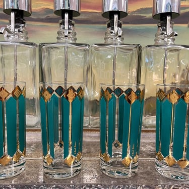 Fred Press teal and 24K drinking glasses 1950s gold MCM barware highball set of 4 