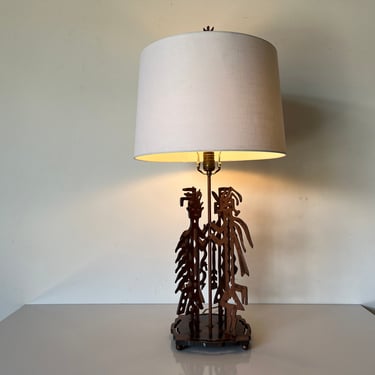 Modernist Native American Tribal Warriors Sculptural Handmade Metal Table Lamp 