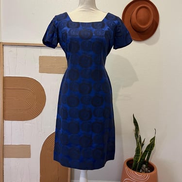 Vintage Handmade 1960s Blue Tapestry Fabric Short Sleeve Knee Length Dress 