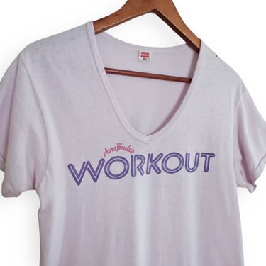 70s t shirt / Jane Fonda shirt / 1970s Jane Fonda's Workout Hanes v neck fitness t shirt Small 
