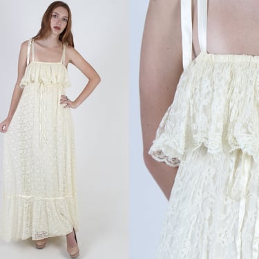 Vintage 70s Off The Shoulder Wedding Dress / 1970s Plain Cream Bohemian Bridal Dress / Long Plain Lace Prairie Tiered Maxi Dress 