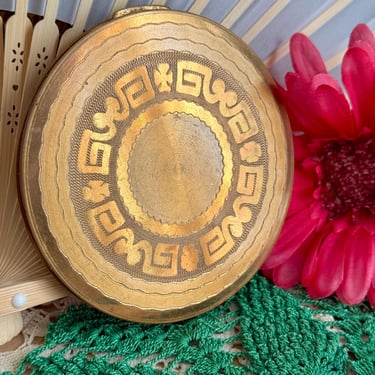 Large Vintage Compact, Intricate Design, Greek Key Design, Gold-Tone Metal, Mid-Century, Powder Puff Inside 