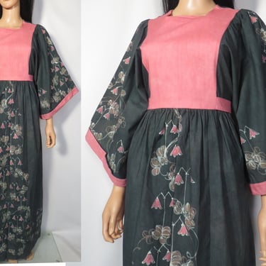 Vintage 60s/70s Cotton Batik Hippie Boho Prairie Wide Sleeve Maxi Dress Size S/M/L 