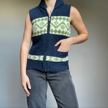 Vintage J Crew Wool Alpaca Handknit Blue Green Fair Isle Sweater Vest Zip M 