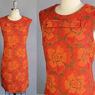 1960s Sheath Dress / 1960s Woven Floral Print Deep Orange Sheath Dress w/ Pockets & Bow / Size Large 