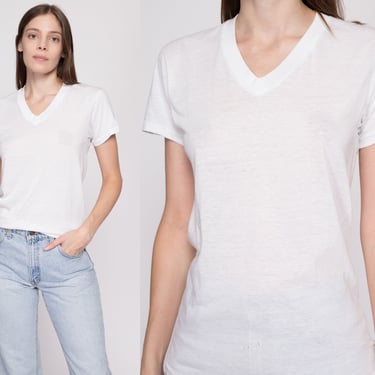 S-M| Vintage Paper Thin Blank White T Shirt - Small to Medium | 80s Single Stitch Unisex V Neck Tee Threadbare Undershirt 