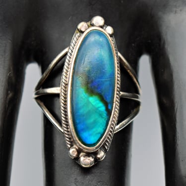 80's JAKE sterling resin coated abalone size 8.75 Navajo ring, long blue oval 925 silver Southwestern solitaire 