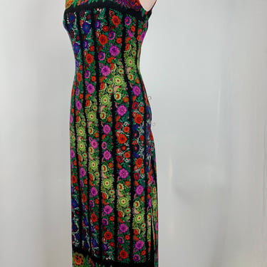 Long Vintage Cheongsam Dress - Asymmetrical Ombre' Floral - Black Satin Lined -  Side Zipper & Snap Closure - Size Small 