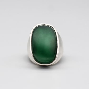 80's 925 silver chrysoprase size 6 squared oval solitaire, heavy green onyx sterling DS geometric ring 