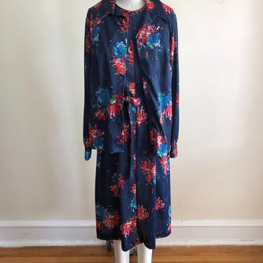 Navy and Red Floral Print Dress with Matching Jacket - 1970s 