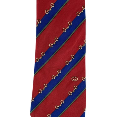 Gucci 1980s Vintage Horsebit Red Green and Blue Silk Men's Tie 