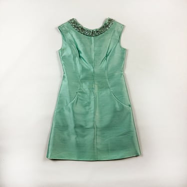 1960s Aqua Green Silk Shantung Mini Dress / Sci Fi / Pastel / Rhinestones / Jewels / Pockets / I Dream Of Jeannie / Space Babe / Mod / M / 