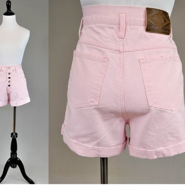90s Light Pink Jean Shorts - 24 waist - Cuffed Button Fly - Yoyo Jeans - High Rise - Cotton Denim - Vintage 1990s - XS 