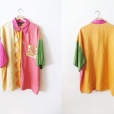 90s Oversized Linen Colorblock Shirt 2 XL - 1990s Southwest Pink Orange Patchwork Collared Button Up Shirt - Colorful Memphis Shapes 