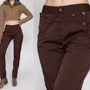 Small 90s Z Cavaricci Chocolate Brown Sailor Pants | Vintage Tapered Leg Mid Rise Shiny Windbreaker Trousers 