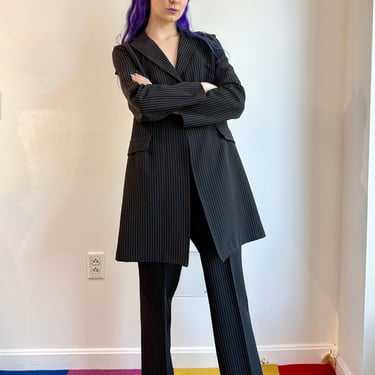 90’s/Y2K Rampage Black Pinstripe Two Piece Pantsuit Long Line Blazer Trouser Pants