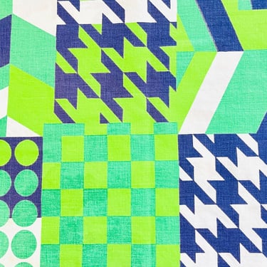 Vintage 1970s MOD Geometric Green Blue Square Table Cloth Decor Op Art Fabric 46x46 
