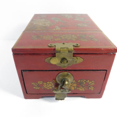 Vintage Chinese Red Lacquer Wood Jewelry Chest - Ornate Wood Brass Asian Jewelry Box. 