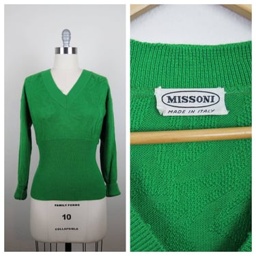 Vintage 1970s Missoni knit sweater, v neck, pullover, green, size large 