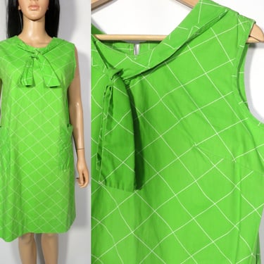 Vintage 60s Mod Bright Lime Green Cotton Picnic Mini Dress Size L 