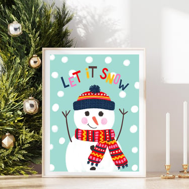 Let It Snow Holiday Art Print/ Snowman Christmas Illustration/ Winter Decor for Mantle or Wall 