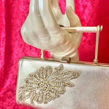 Gold Rhinestone Clutch, Optional Handbag, Slim Silhouette, Vintage 60s Mod Purse, Metallic Cocktail Purse, Vegan Faux Leather 