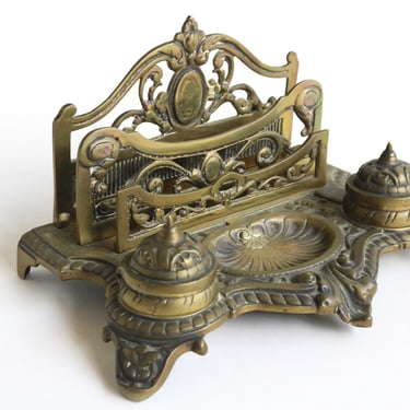 Antique Bronze Desk Stand with Double Inkwells Letter Rack and Porcelain Ink Holders, Hand Crafted France 1900s 