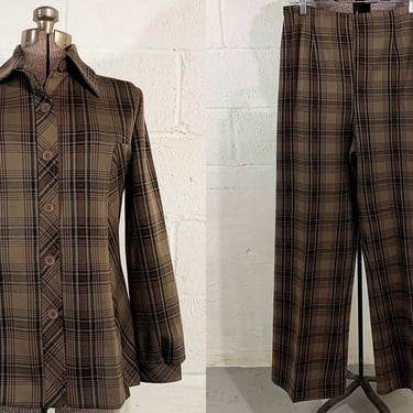 Vintage Brown Plaid Mod Pantsuit Jacket Dagger Collar Long Sleeve Pants Separates Lucky Tops Minx TV Movie Costume Large 1970s 