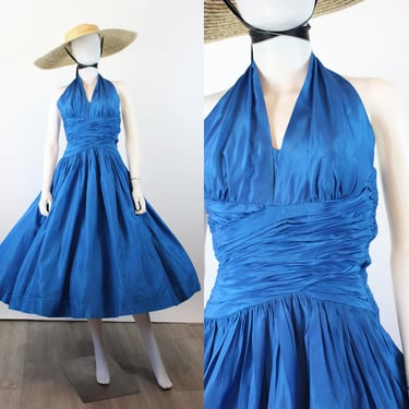 1950s HALTER COBALT silk taffeta dress xxs | new spring 