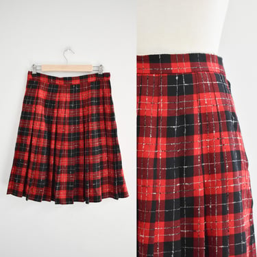 1990s Red and Black Plaid Pleated Wool Skirt 