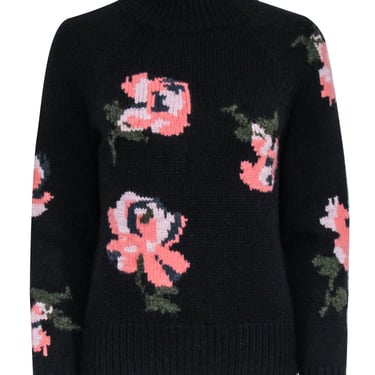 Rebecca Taylor - Black Wool Blend Mockneck Sweater w/ Floral Pattern Sz S