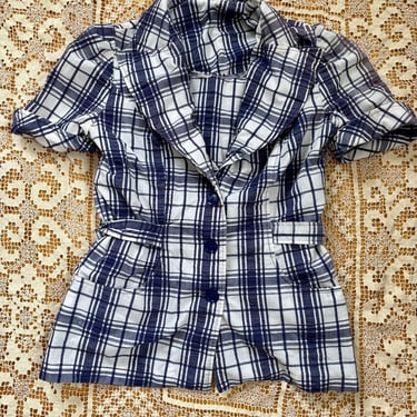 Vintage 70s Does 40s Plaid Collared Short Sleeve Blouse and Vest Set Blue and White Cotton Small Medium by TimeBa