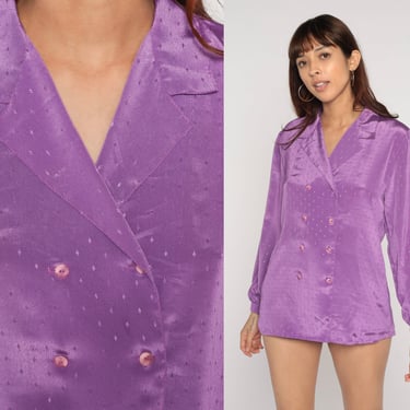 Purple Embossed Blouse 80s Long Sleeve Shirt Geometric Diamond Shirt Double Breasted Button Up 1980s Boho Vintage Plain Silky Top Medium 